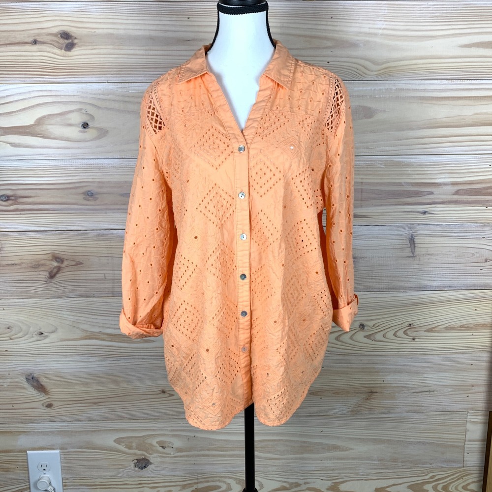 Ruby Rd‎ Button Up Women L Bright Pastel Orange Eyelet Cotton Roll Tab Blouse
